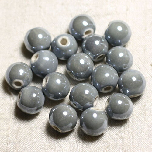 100pc - perles céramique porcelaine boules 12mm gris clair irisé