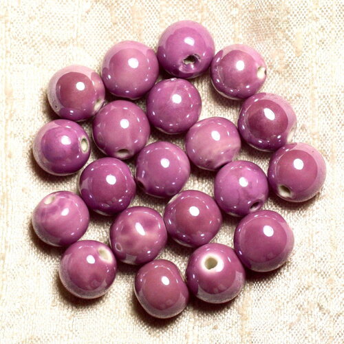 100pc - perles céramique porcelaine boules 12mm violet rose mauve irisé