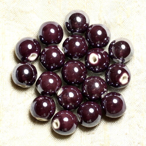 100pc - perles céramique porcelaine boules 12mm violet irisé