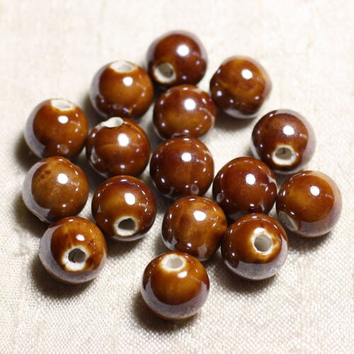 10pc - perles céramique porcelaine boules 12mm marron noisette irisé - 4558550088833