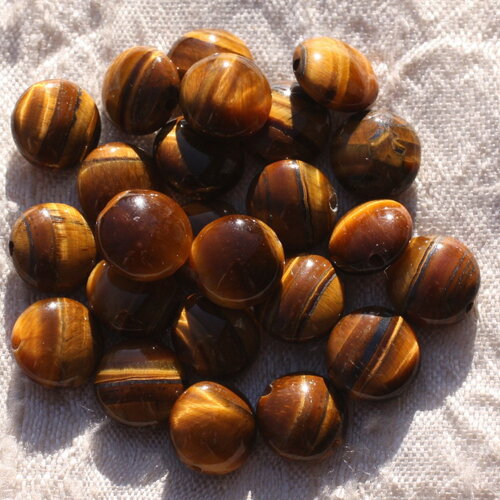 Fil 39cm 37pc environ - perles pierre oeil de tigre palets ronds plats 10mm marron bronze doré noir reflets