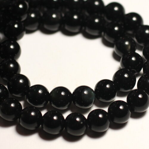 Fil 39cm 31pc environ - perles pierre obsidienne noire arc en ciel boules 12mm