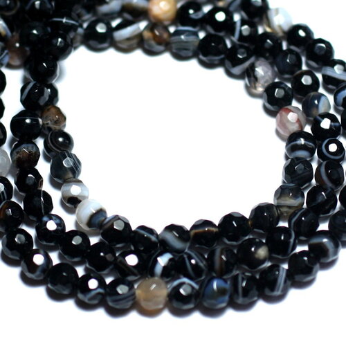 Fil 39cm 90pc env - perles de pierre - agate boules facettées 4mm noir et blanc