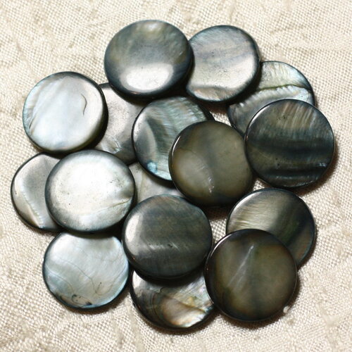 Fil 39cm 18pc environ - perles coquillage nacre palets ronds plats 20mm gris noir irisé