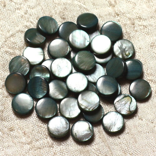 Fil 39cm 35pc environ - perles coquillage nacre palets ronds plats 9-10mm gris noir irisé