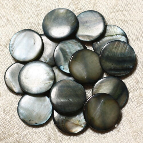 10pc - perles coquillage nacre palets ronds plats 20mm gris noir irisé - 4558550004970