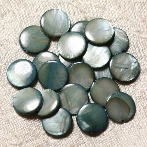 10pc - perles coquillage nacre palets ronds plats 14-15mm gris bleu beige irisé - 4558550005021