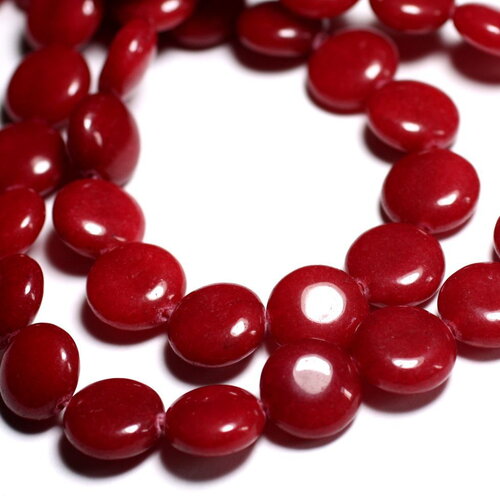 Fil 39cm 27pc environ - perles pierre jade palets ronds plats 14mm rouge cerise