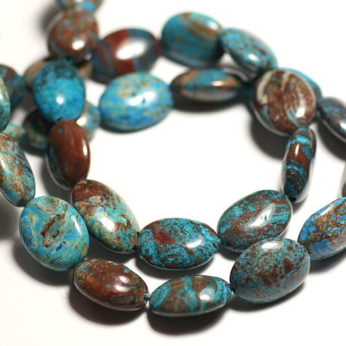 Fil 39cm 25pc environ - perles pierre jaspe paysage automne ovales 16x12mm bleu turquoise beige marron
