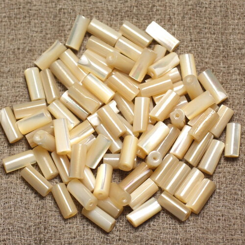 Fil 39cm 46pc environ - perles coquillage nacre tubes cylindres colonnes 8x4mm beige crème blanc irisé