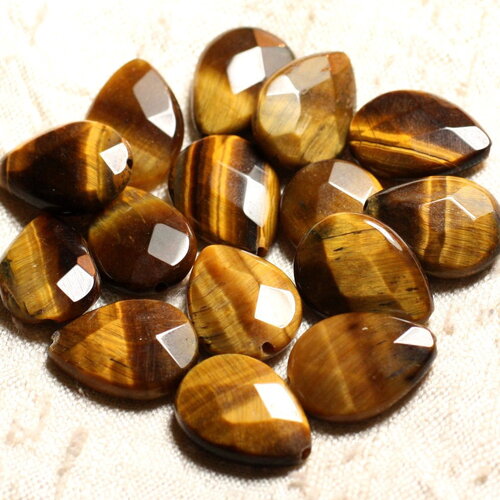 Fil 39cm 22pc environ - perle pierre oeil de tigre goutte facettée 18x13mm marron doré noir reflets
