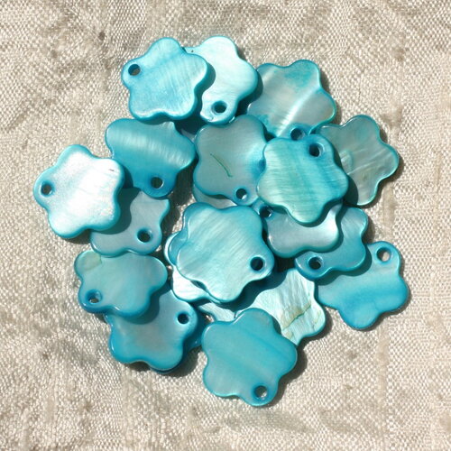 10pc - perles breloques pendentifs coquillage nacre fleurs 15mm bleu turquoise irisé - 4558550012401