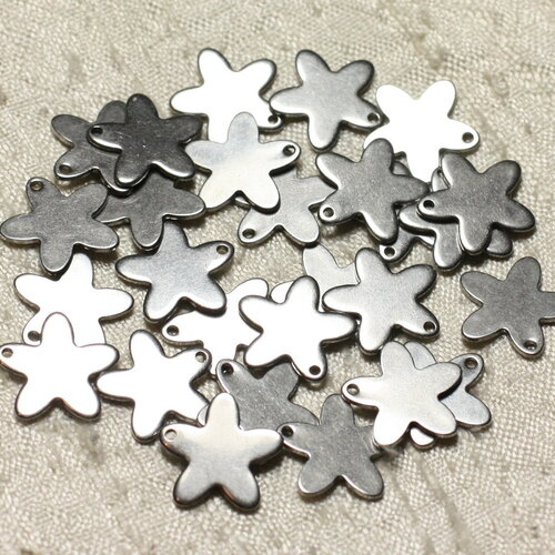 10pc - perles breloques pendentifs métal acier inoxydable 304l fleurs etoiles 14mm gris argenté - 4558550002532