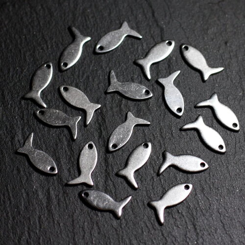 10pc - perles breloques pendentifs métal acier inoxydable 316l poissons 12x6mm gris argenté - 4558550010032