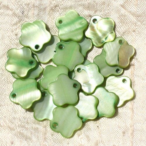 10pc - perles breloques pendentifs coquillage nacre fleurs 15mm vert pomme anis irisé - 4558550018441