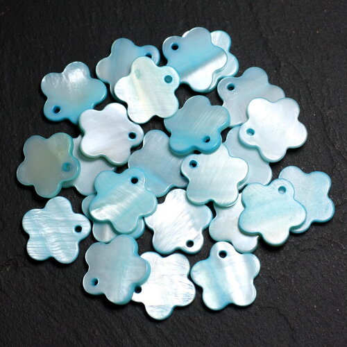 10pc - perles breloques pendentifs coquillage nacre fleurs 15mm bleu turquoise pastel irisé - 4558550039996