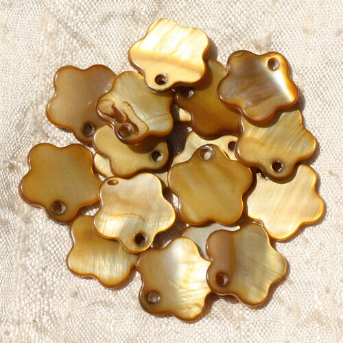 10pc - perles breloques pendentifs coquillage nacre fleurs 15mm marron bronze doré irisé - 4558550005458