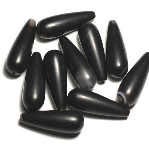 Fil 39cm 14pc environ - perles pierre onyx goutte 30x10mm noir mat sablé givré