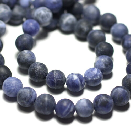 Fil 39cm 45pc environ - perles pierre sodalite boules 8mm bleu noir blanc mat sablé givré