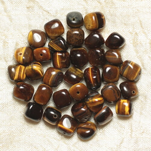 Fil 39cm 56pc environ - perles pierre oeil de tigre nuggets cubes rectangles 4-8mm marron doré noir reflets