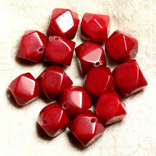 Fil 39cm 25pc environ - perles pierre jade cubes nuggets facettés 14-15mm rouge cerise