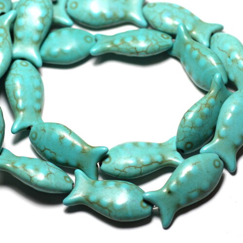Fil 39cm 16pc environ - perles pierre turquoise synthèse poissons 24mm bleu turquoise