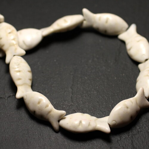Fil 39cm 16pc environ - perles pierre turquoise synthèse poissons 24mm blanc crème beige