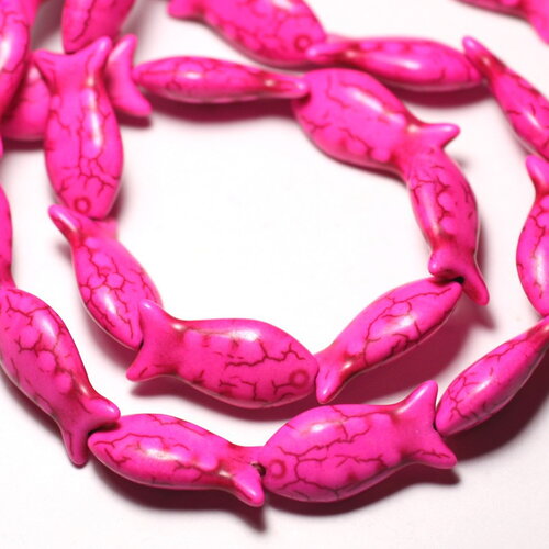 Fil 39cm 16pc environ - perles pierre turquoise synthèse poissons 24mm rose fluo