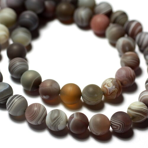 Fil 38cm 58pc environ - perles pierre agate botswana boules 6mm marron beige gris blanc mat sablé givré