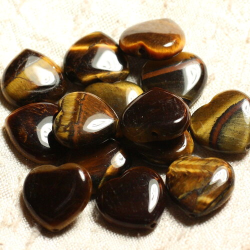 Fil 39cm 28pc environ - perles pierre oeil de tigre coeurs 14mm marron doré noir reflets