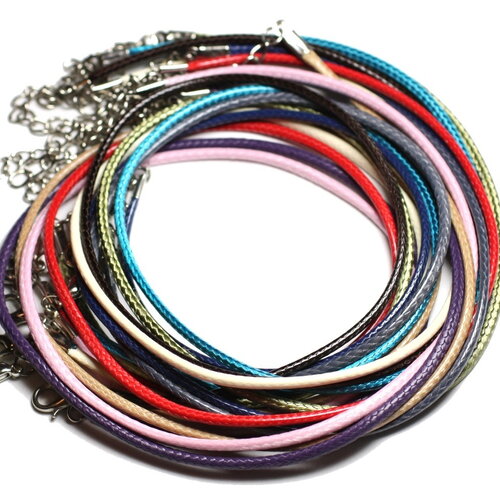 10pc - colliers tours de cou 45cm coton ciré enduit rond 2mm multicolore