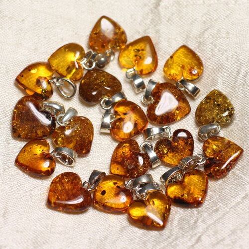 1pc - pendentif breloque perle pierre ambre naturelle baltique argent 925 coeur 12-14mm orange cognac - 8741140017856