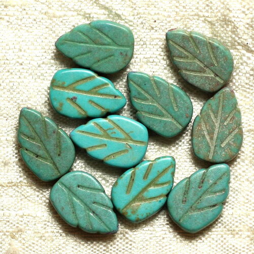 Fil 39cm 26pc environ - perles pierre turquoise synthèse feuilles 14mm bleu turquoise