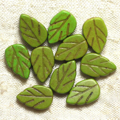Fil 39cm 26pc environ - perles pierre turquoise synthèse feuilles 14mm vert