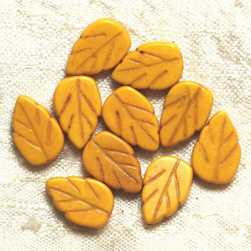 Fil 39cm 26pc environ - perles pierre turquoise synthèse feuilles 14mm jaune
