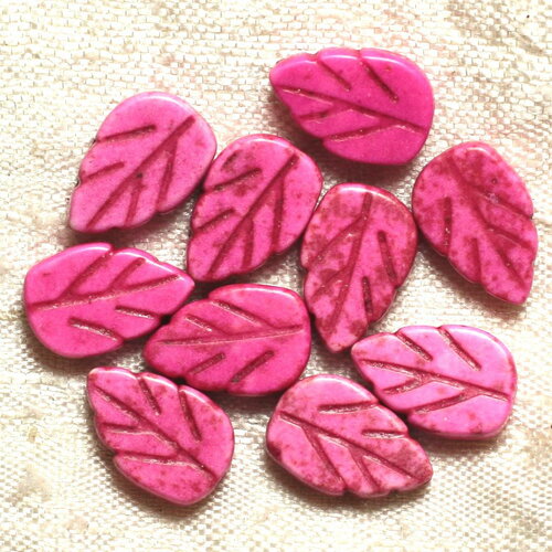 Fil 39cm 26pc environ - perles pierre turquoise synthèse feuilles 14mm rose fluo