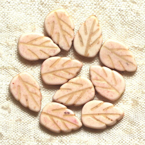 Fil 39cm 26pc environ - perles pierre turquoise synthèse feuilles 14mm blanc crème beige
