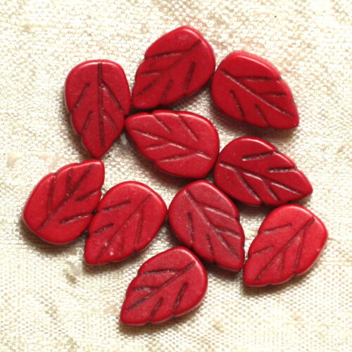 Fil 39cm 26pc environ - perles pierre turquoise synthèse feuilles 14mm rouge