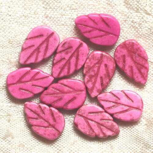 10pc - perles pierre turquoise synthèse feuilles 14mm rose fluo - 4558550035035