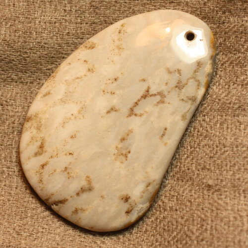 N11 - pendentif pierre corail fossile 55mm goutte ovale blanc beige gris marron - 4558550022806