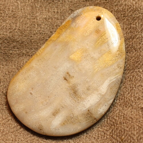 N19 - pendentif pierre corail fossile 55mm goutte ovale blanc beige gris marron - 4558550022585