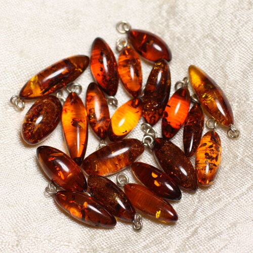 1pc - pendentif perle ambre naturelle baltique et argent 925 olive fuseau riz 15-22mm orange cognac - 8741140017870