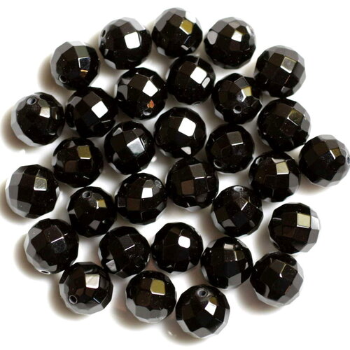 Fil 39cm 37pc environ - perles pierre onyx noir boules rondes facettées 10mm