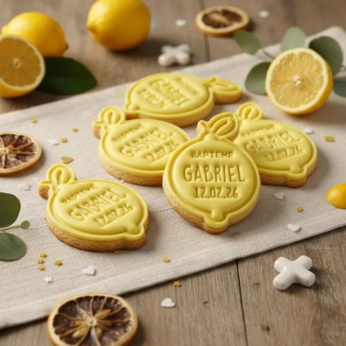 Emporte-pièce citron baptême personnalisé avec prénom et date