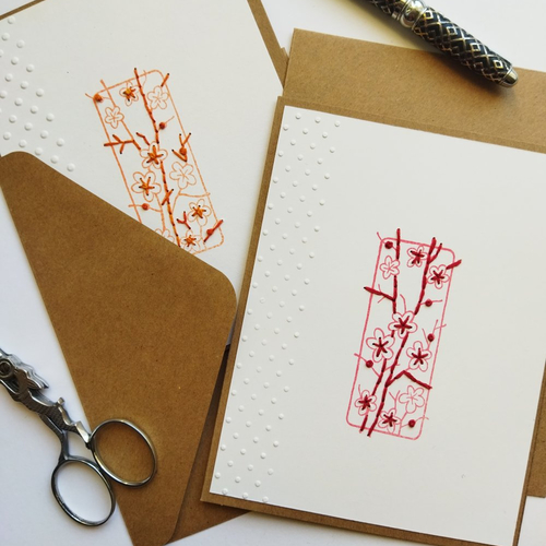 Carte de voeux, "vent d'asie et fleurs de sakura" tamponnée brodée