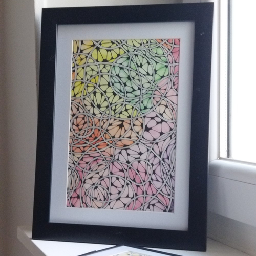 Cadre déco, tableau zia ( art inspiré du zentangle) , aquarelle colorée.