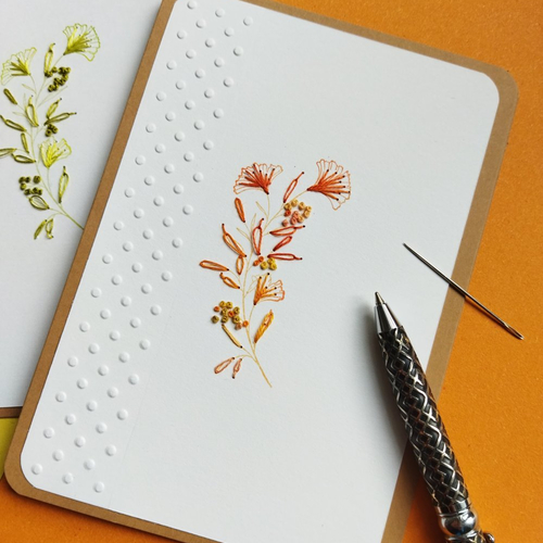 Carte de voeux, ' poésie florale"   tamponnée brodée