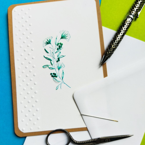 Carte de voeux, ' poésie florale"   tamponnée brodée