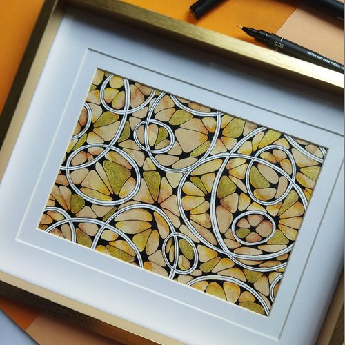 Cadre déco, tableau zia ( art inspiré du zentangle) , aquarelle thé ou café.