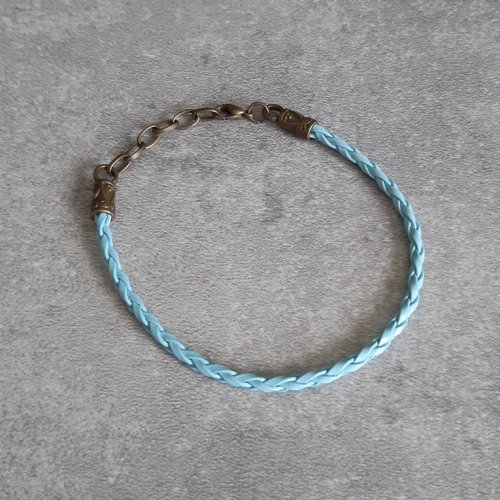 Bracelet bronze similicuir tressé bleu ciel